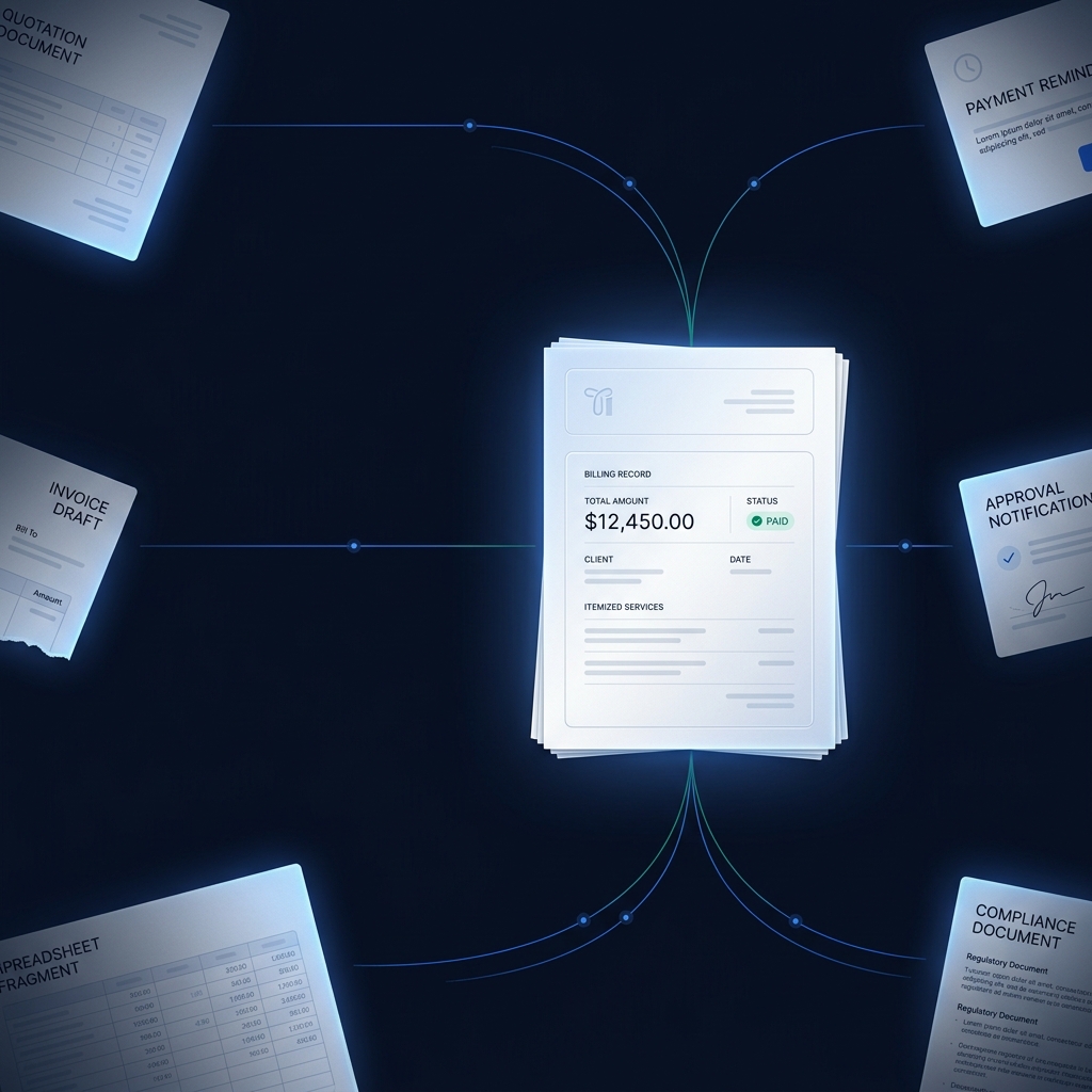 A single billing record connecting quotation, approval, invoice, compliance, and payment documents