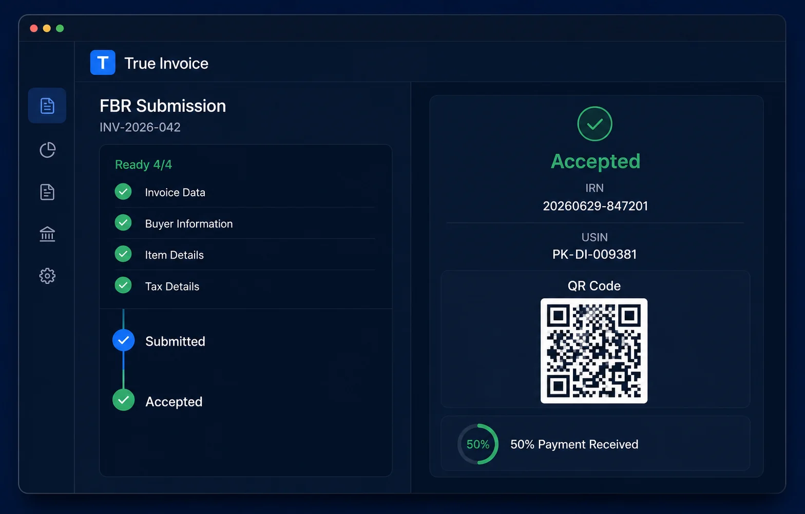True Invoice FBR readiness checks and accepted submission interface