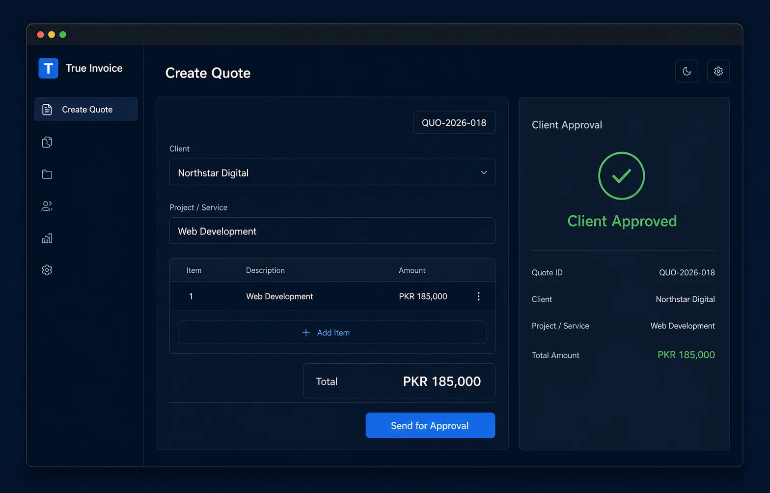 True Invoice quote editor with customer, line items, totals, and approval status