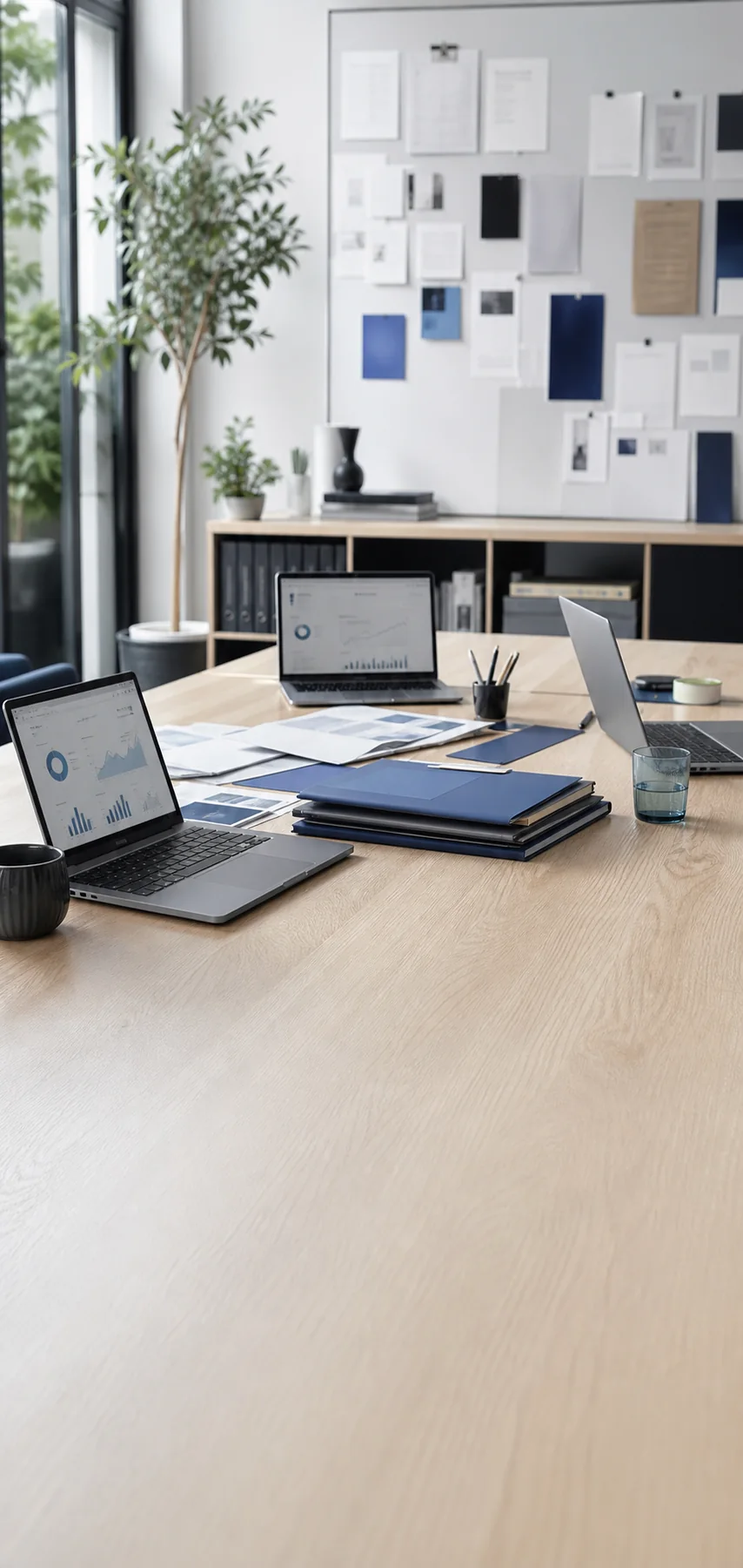 A shared agency billing workspace with several laptops