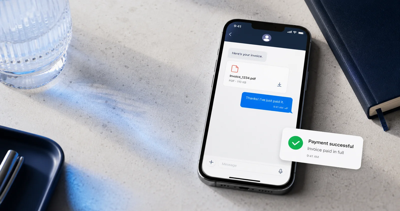 An invoice shared by phone with a payment notification