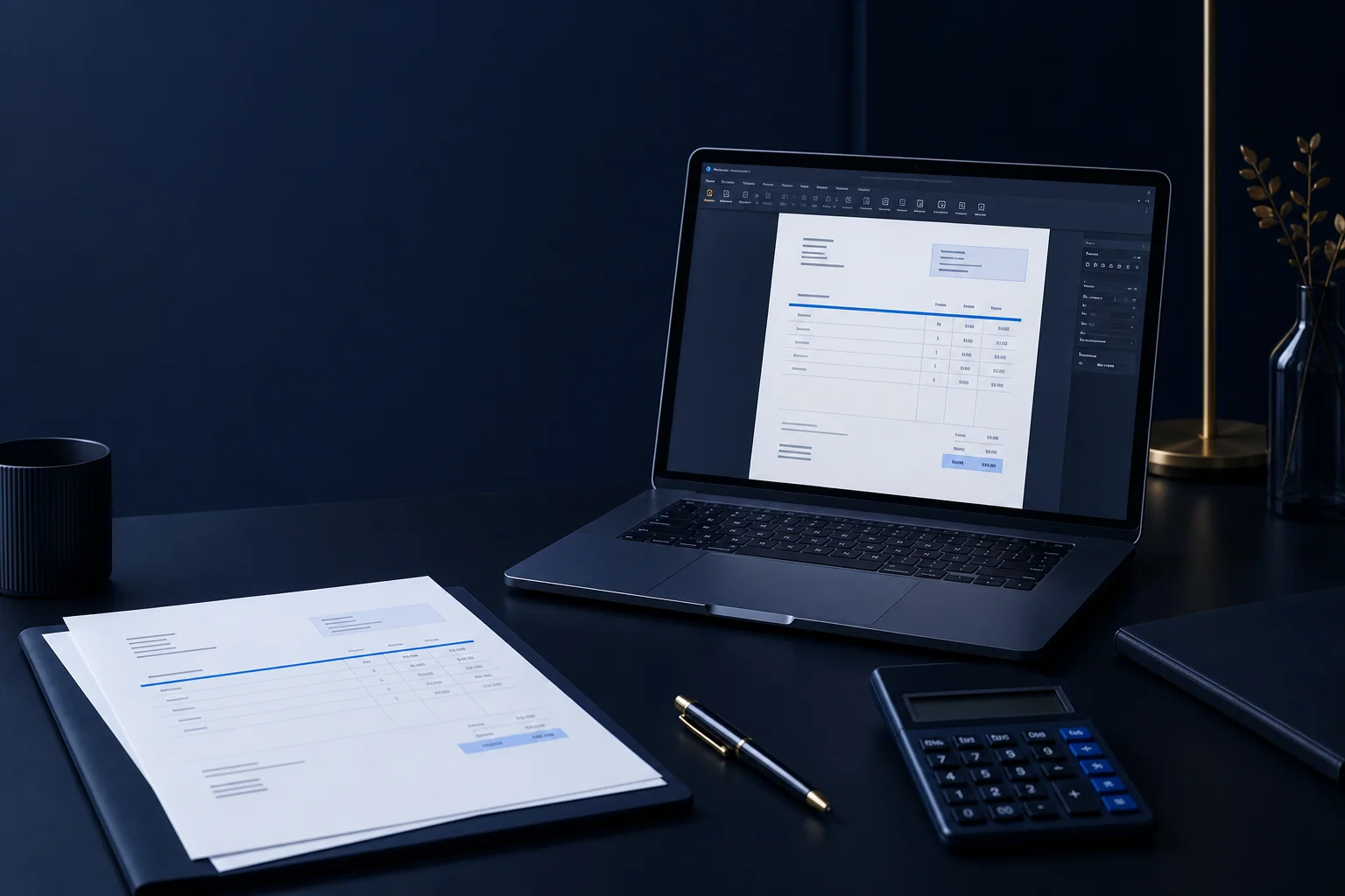Invoice documents being prepared manually beside a laptop and calculator