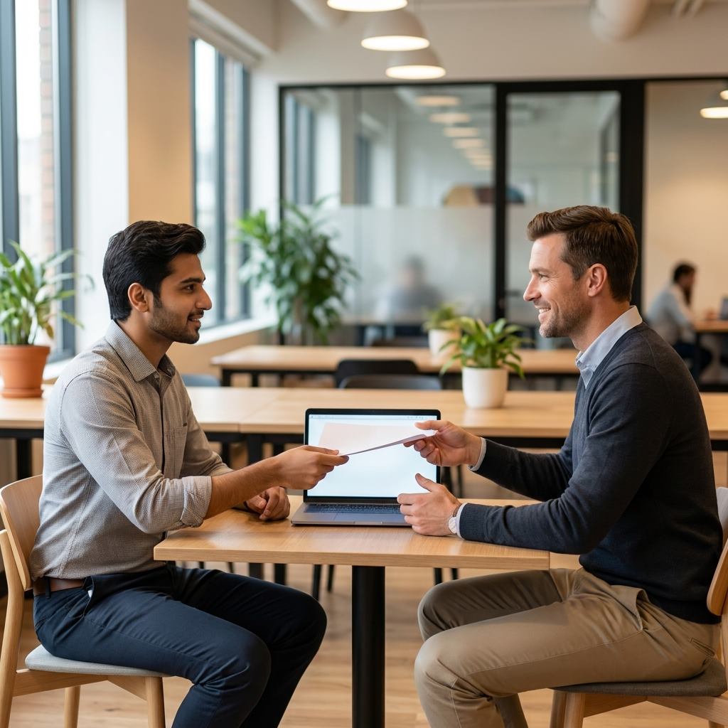 A freelancer handing an approved document to a client across a workspace table